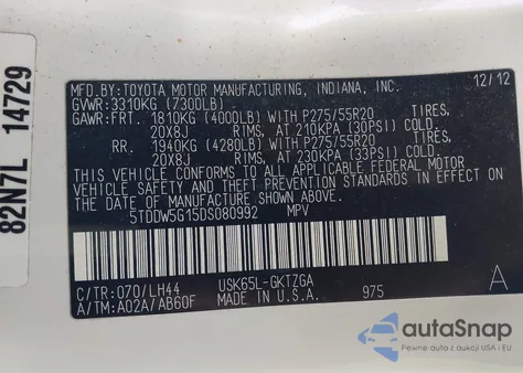 2013 Toyota Sequoia Platinum 5.7L V8 from USA, damaged, VIN 5TDDW5G15DS080992